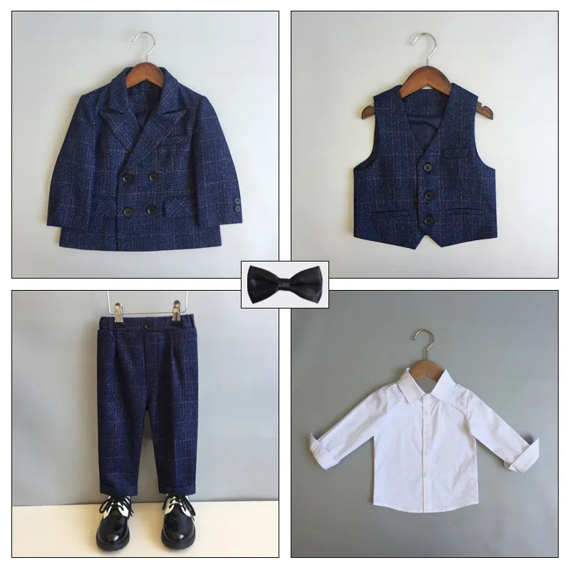 Child Formal British Plaid Dress Suits Set Spring And Autumn Boys Birthday Party Wedding Piano Show Costume Kids Blazer Pants