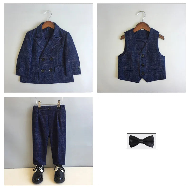 Child Formal British Plaid Dress Suits Set Spring And Autumn Boys Birthday Party Wedding Piano Show Costume Kids Blazer Pants