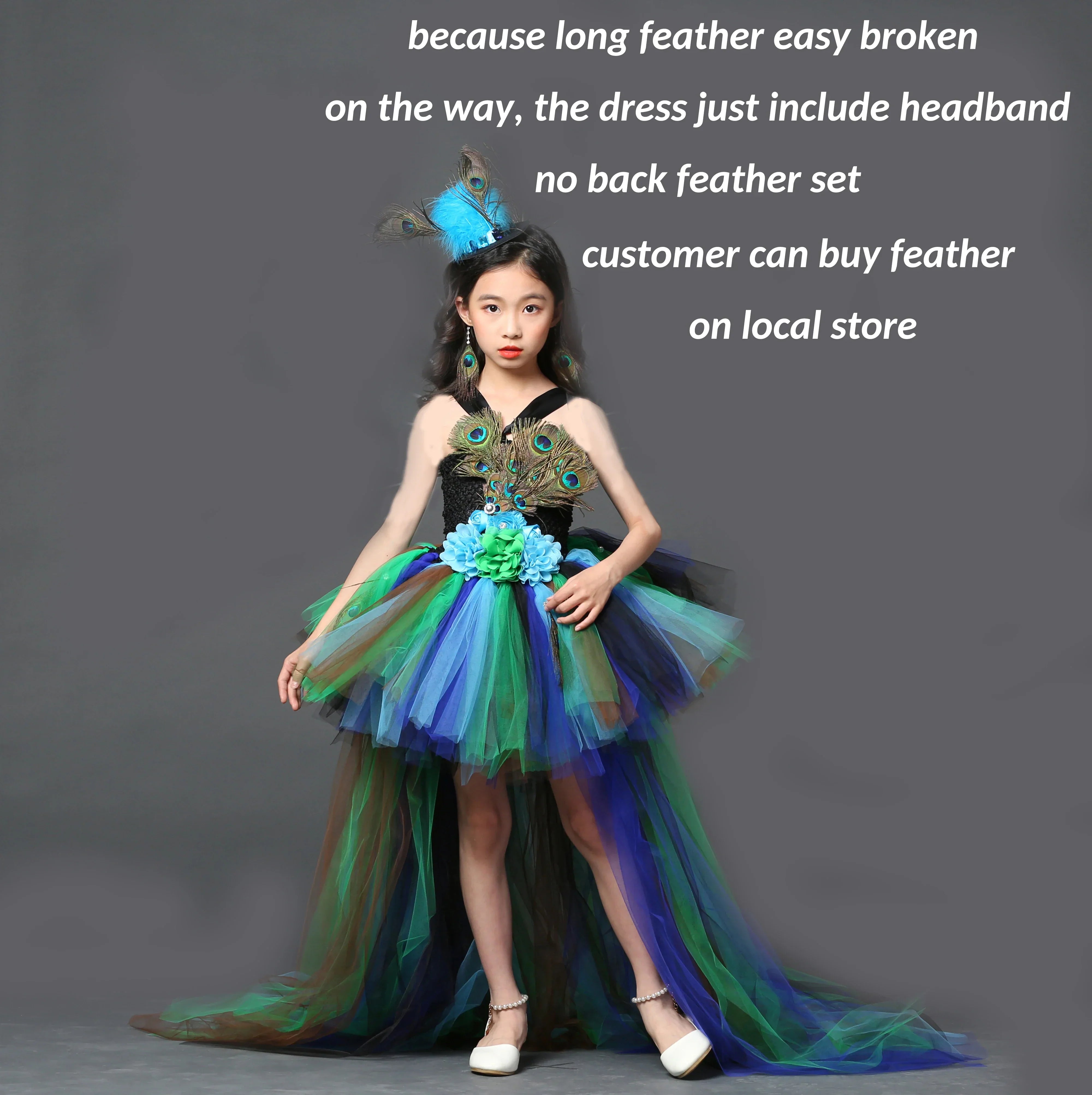 POSH DREAM Girl Peacock Flower Party Tutu Dresses for Halloween with Train Tulle Peacock Princess Children Party Evening Dress