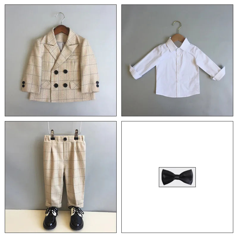 Child Formal British Plaid Dress Suits Set Spring And Autumn Boys Birthday Party Wedding Piano Show Costume Kids Blazer Pants