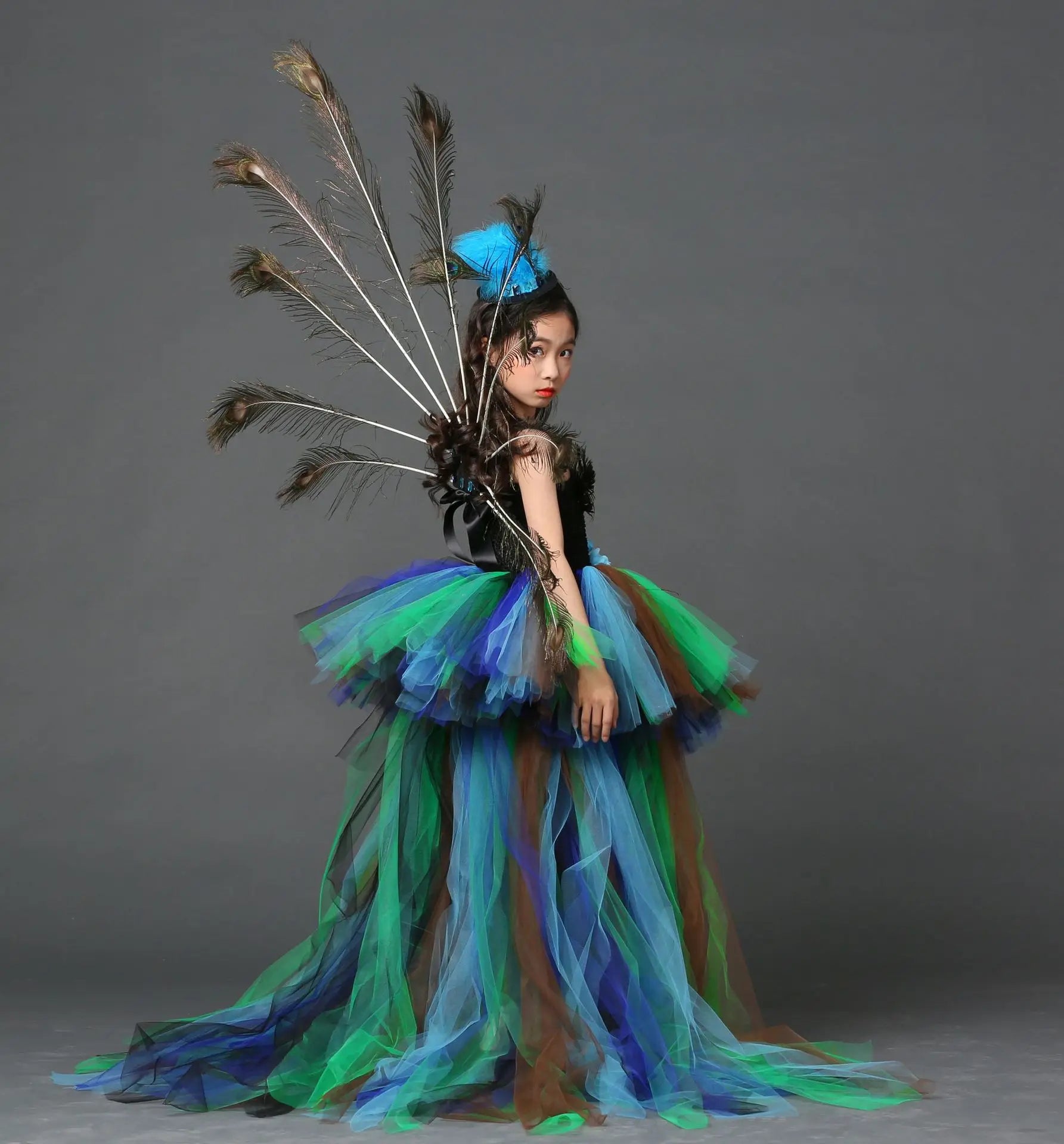 POSH DREAM Girl Peacock Flower Party Tutu Dresses for Halloween with Train Tulle Peacock Princess Children Party Evening Dress