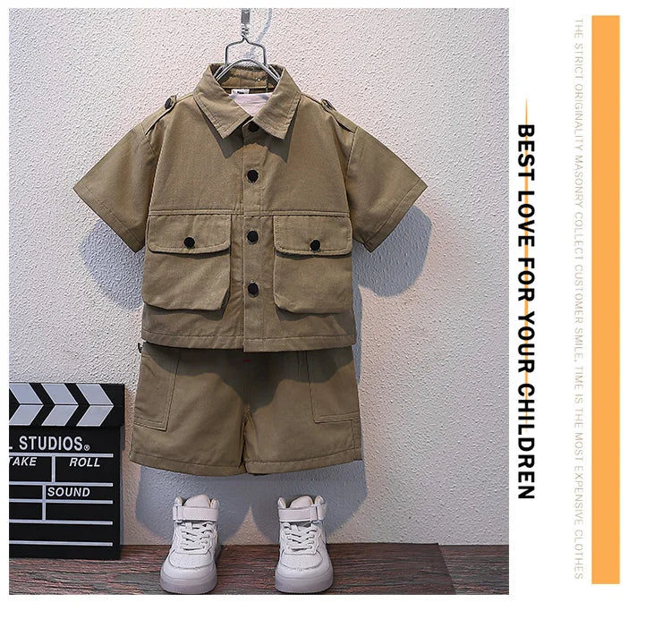 Summer Kids 2024 Summer New Boys Suit Child Buttons Shirt Cargo Shorts Multi-pocket Workwear Suit Short Sleeve Shorts Cotton Set