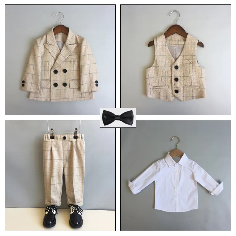 Child Formal British Plaid Dress Suits Set Spring And Autumn Boys Birthday Party Wedding Piano Show Costume Kids Blazer Pants