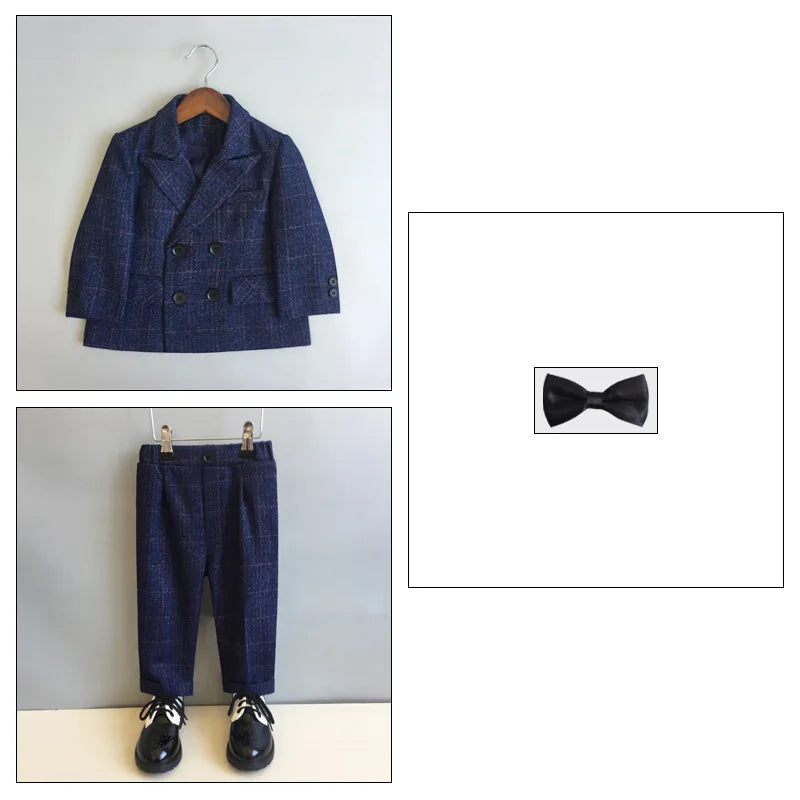 Child Formal British Plaid Dress Suits Set Spring And Autumn Boys Birthday Party Wedding Piano Show Costume Kids Blazer Pants