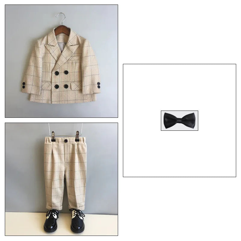 Child Formal British Plaid Dress Suits Set Spring And Autumn Boys Birthday Party Wedding Piano Show Costume Kids Blazer Pants
