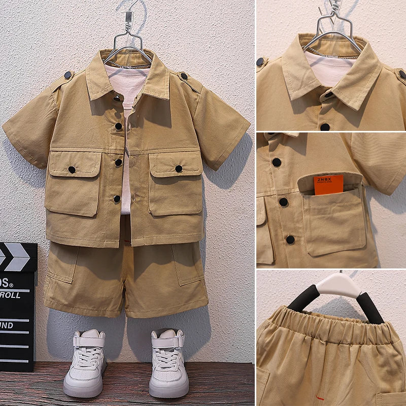 Summer Kids 2024 Summer New Boys Suit Child Buttons Shirt Cargo Shorts Multi-pocket Workwear Suit Short Sleeve Shorts Cotton Set
