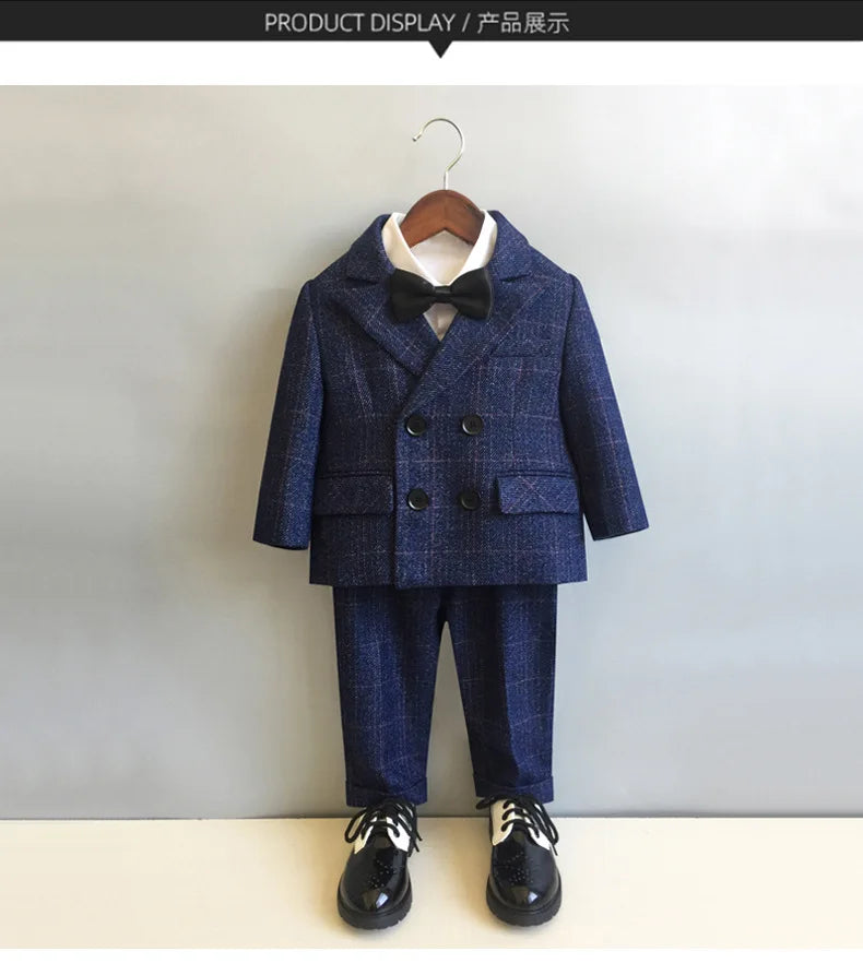 Child Formal British Plaid Dress Suits Set Spring And Autumn Boys Birthday Party Wedding Piano Show Costume Kids Blazer Pants
