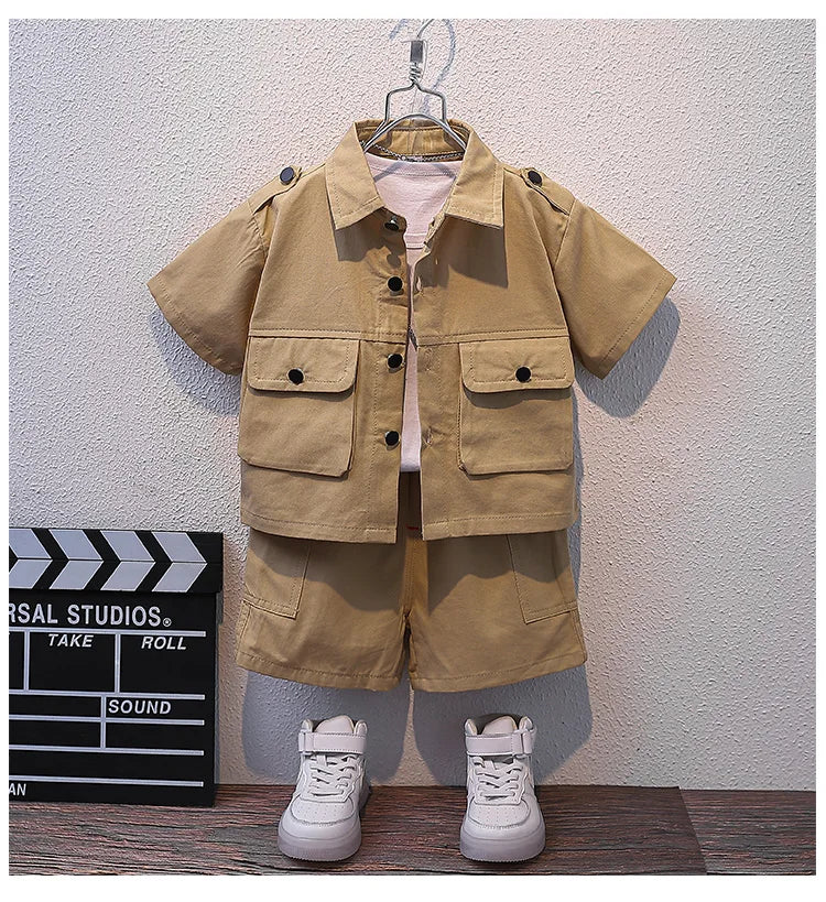 Summer Kids 2024 Summer New Boys Suit Child Buttons Shirt Cargo Shorts Multi-pocket Workwear Suit Short Sleeve Shorts Cotton Set