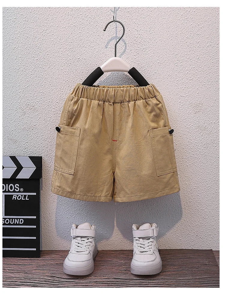 Summer Kids 2024 Summer New Boys Suit Child Buttons Shirt Cargo Shorts Multi-pocket Workwear Suit Short Sleeve Shorts Cotton Set