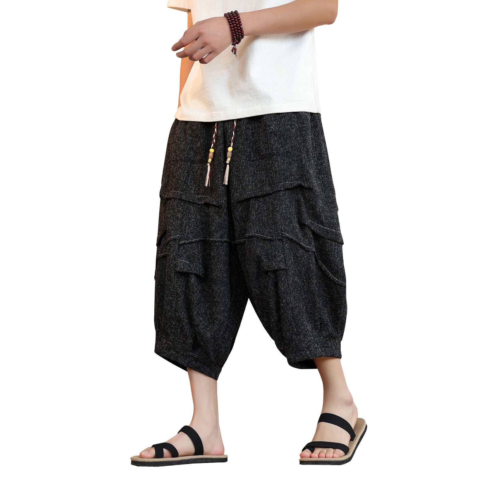New Chinese Style Ice Silk Draping Pleated Cropped Pants Loose Men's Wide-leg Pants