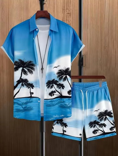 Short Sleeve Men's Summer Loose Foreign Trade Cross-border Casual Hawaiian Floral Beach Shirt Shorts