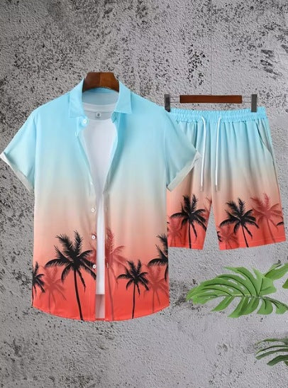 Short Sleeve Men's Summer Loose Foreign Trade Cross-border Casual Hawaiian Floral Beach Shirt Shorts