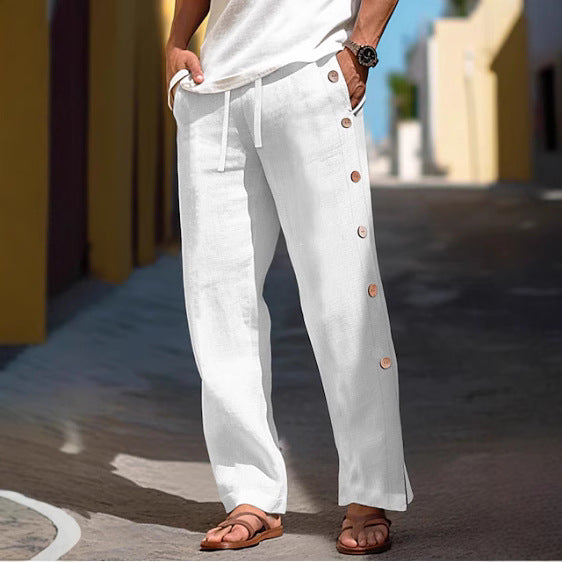 Men's Linen Trousers Drawstring Elastic Waist Side Buckle Solid Color Breathable Comfortable