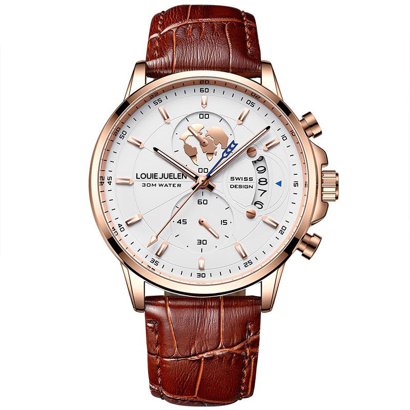 Business Three-eye Timing Leather Luminous Watch Steel Band