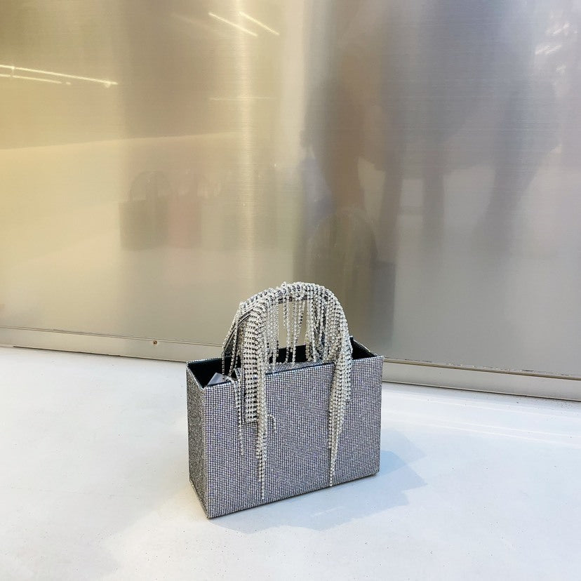 Red Rhinestone Tassel Chain Small Square Bag Fashion Portable