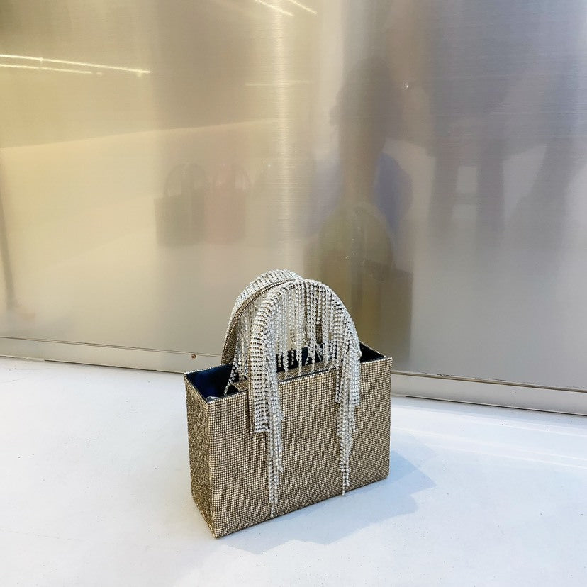 Red Rhinestone Tassel Chain Small Square Bag Fashion Portable