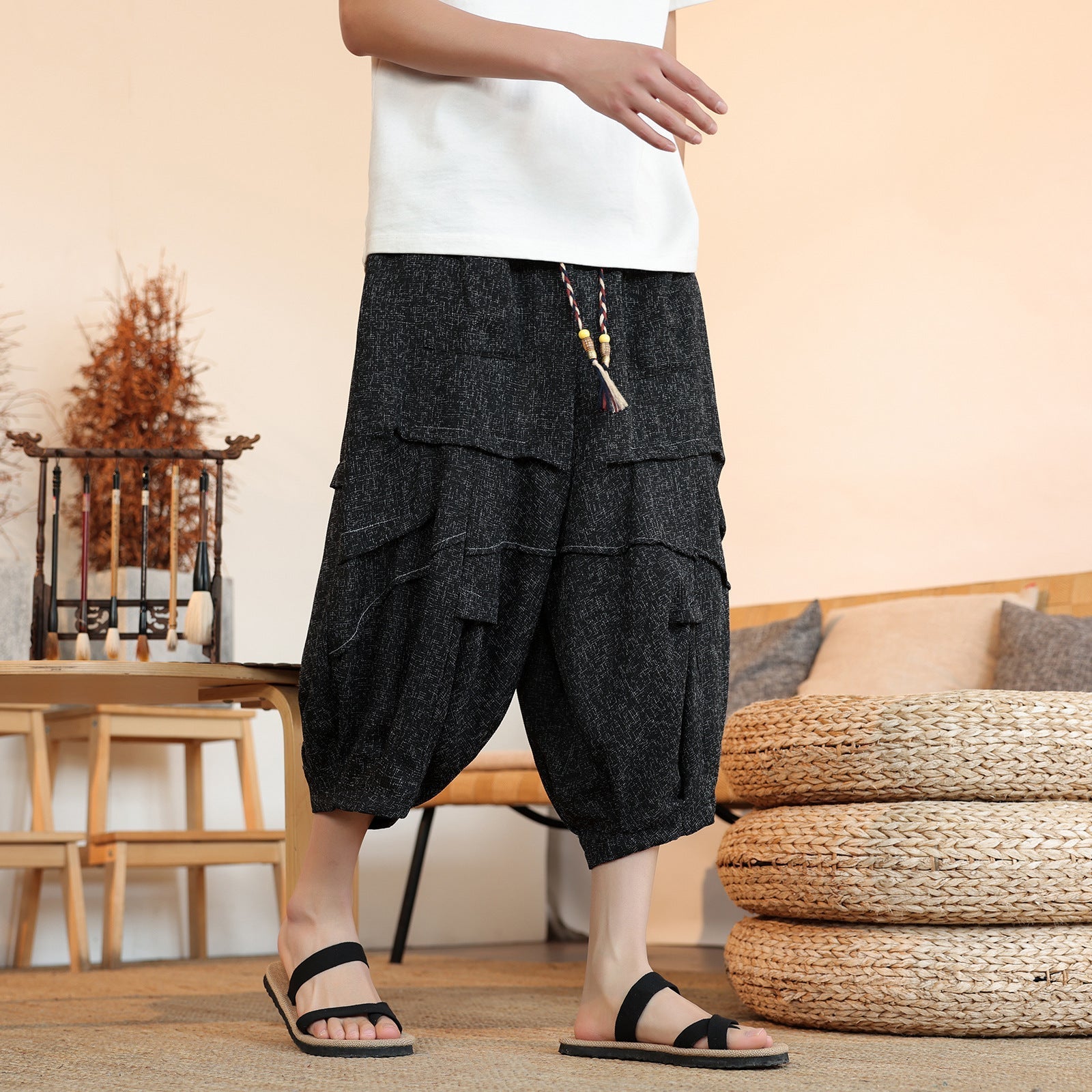 New Chinese Style Ice Silk Draping Pleated Cropped Pants Loose Men's Wide-leg Pants