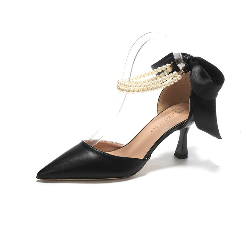 Hollow Pearl Chain Bow White Wedding Shoes