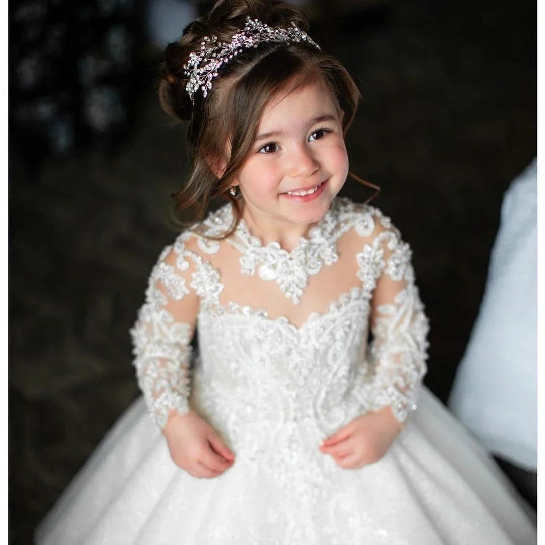 A Line Girl Lace Appliques Princess Wedding Party Flower Girls Dresses Vintage Gown With Bow Kids First Communion Ball Gown