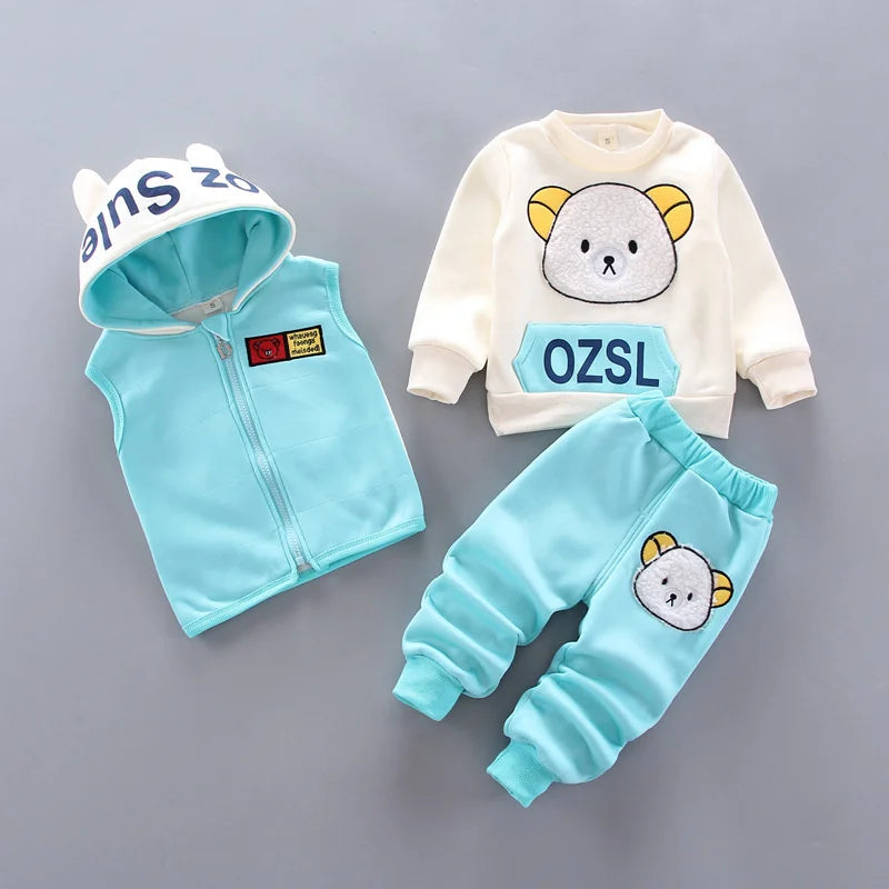 New Fleece Clothing Sets Spring Winter Boys Girls Plus Velvet Thick Warm Suits Baby Padded Homewear 3Pcs Children Outfits