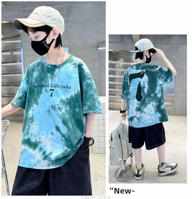 Summer Boys T Shirts Fashion Print Short Sleeve Tee Tops for Kids Cotton Tshirt Tie-Dye Casual Streetwear Teenager Outerwear
