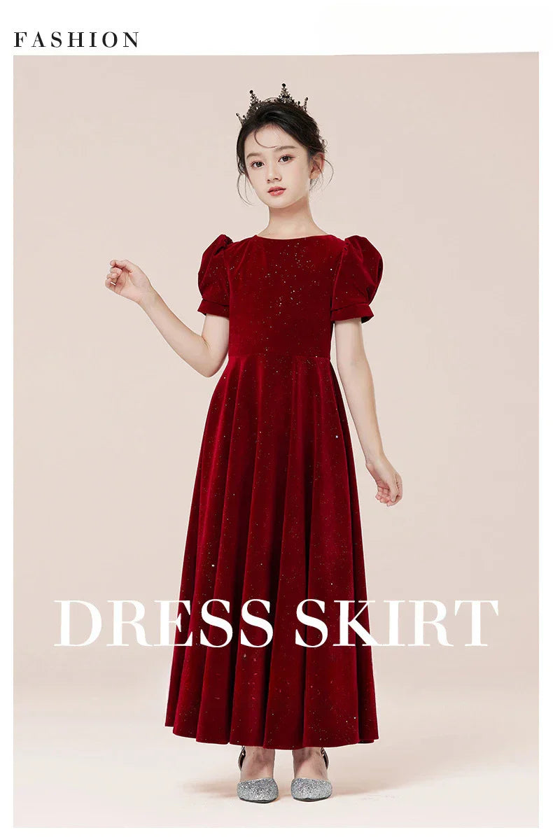 Kids Party Dress Clothing For Birthday Princess  Wine Red Piano Wedding Flower Girl 5-17 Years Old  Host Children's Formal Dress