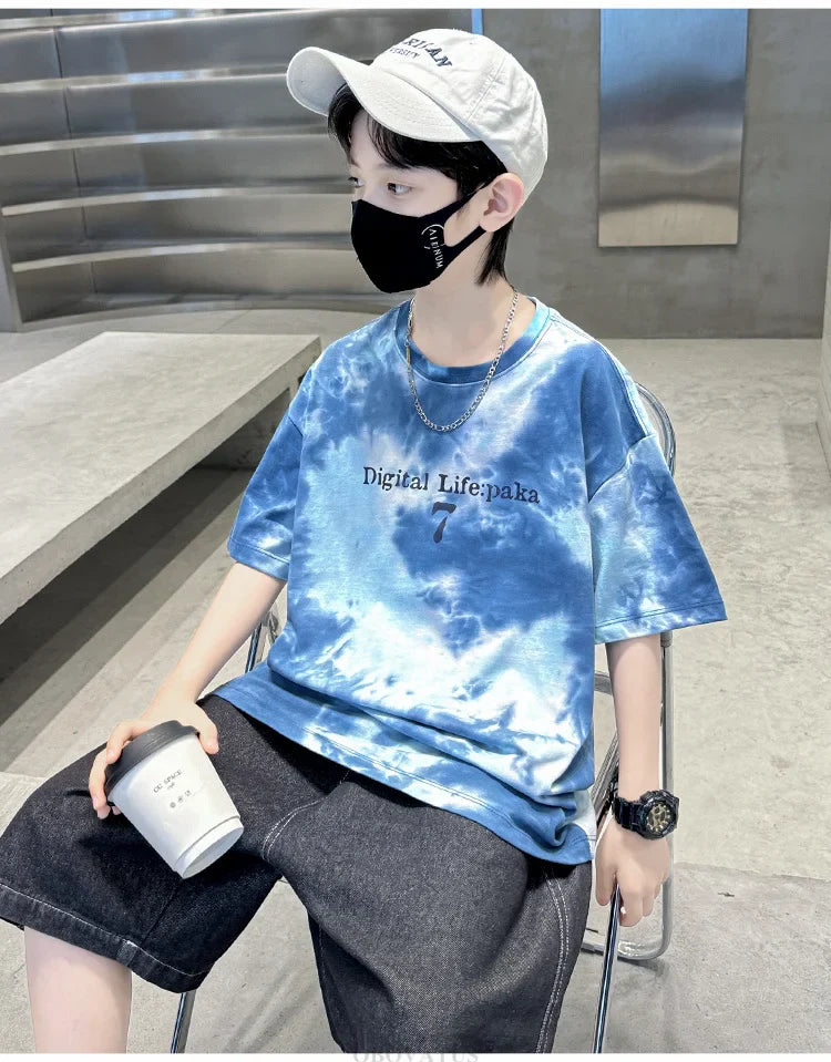 Summer Boys T Shirts Fashion Print Short Sleeve Tee Tops for Kids Cotton Tshirt Tie-Dye Casual Streetwear Teenager Outerwear