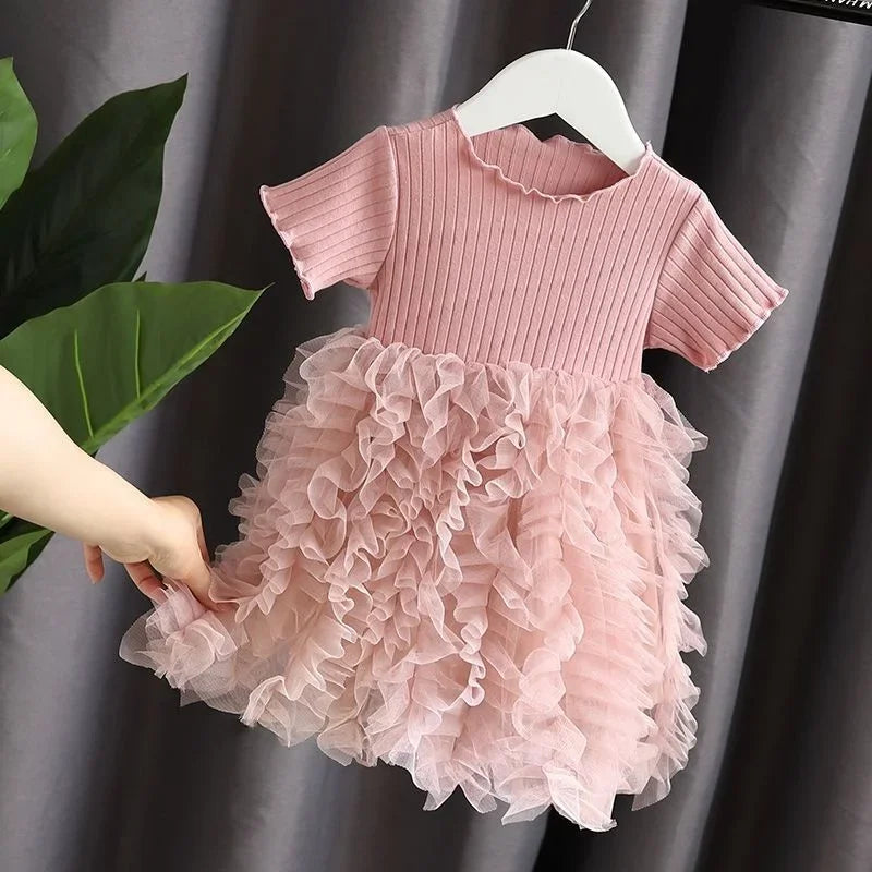 1-5 Years Kid Girl Party Dress Summer Solid Short Sleeve Lace Ribbed Mesh Dress Birthday&Wedding Party Clothing for little Girls