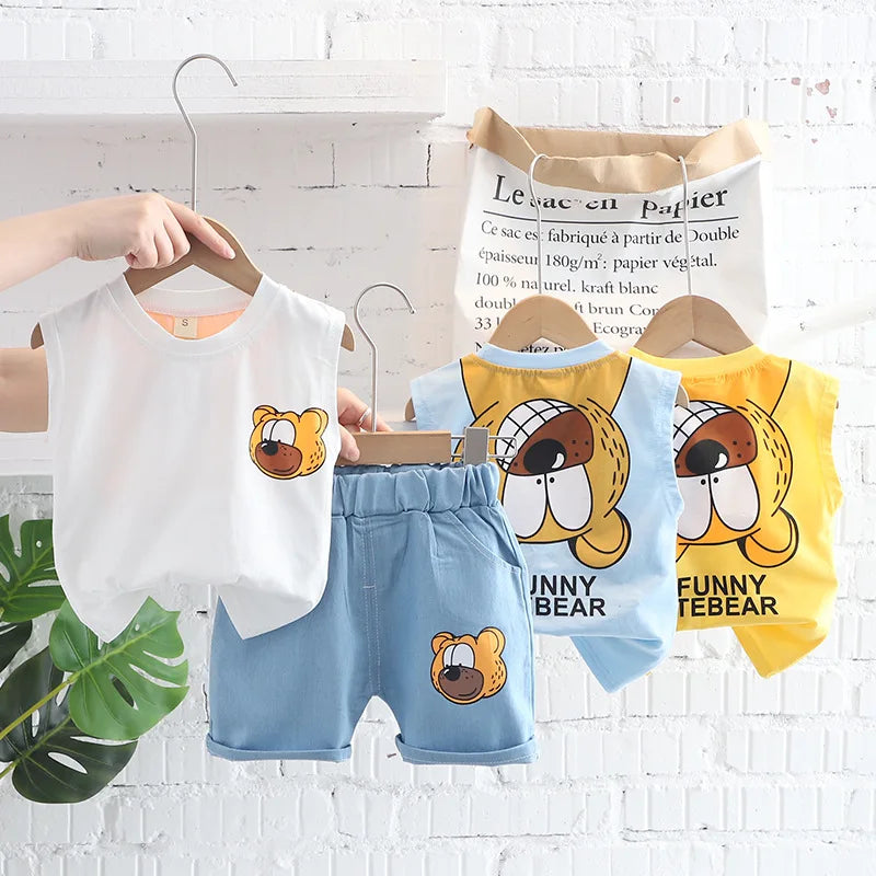 Boys Summer Children Vest Set New Boys Clothes Baby Cartoon Bear Sleeveless T-shirts Shorts 2pcs Casual Sport Sets