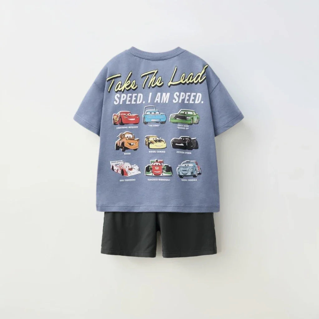 Summer Clothes Children Cartoon Car Print T-shirt+shorts Boys Child Round Neck Tees Loose Simple Shorts Trendy Costume Suit