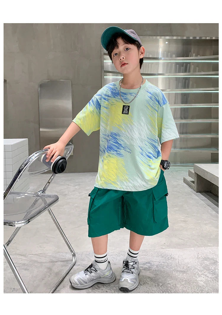 Summer  Boys Shorts Short Sleeve Shorts Handsome High Quality Leisure Sports Simple Two-piece Set.4-16year