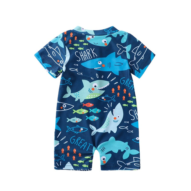 Baby Boys Summer Swimsuit Shark Printed Short Sleeve Zipper Jumpsuit Swimwear Children Casual Bathing Beachwear