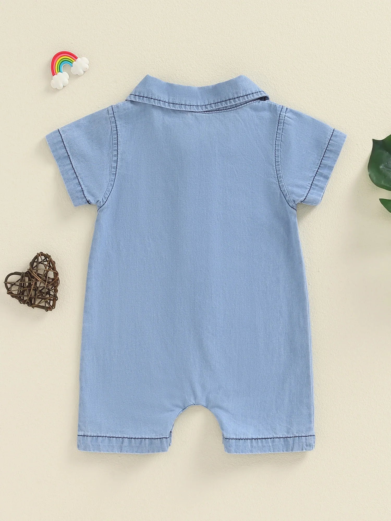 Baby Boys Summer Denim Romper Short Sleeve Lapel Button Down Jumpsuit with One Pocket