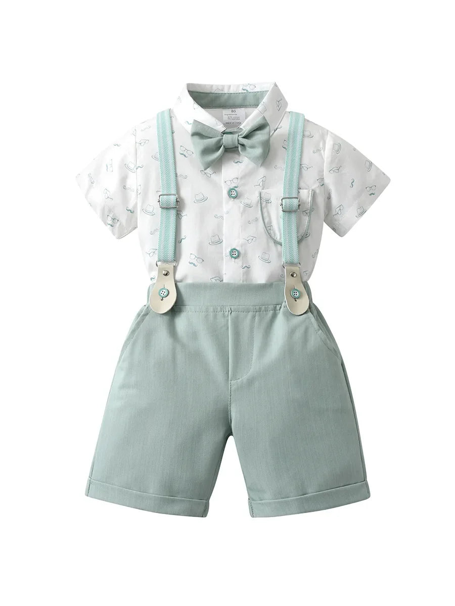 1-6Y Summer  Baby Boys Formal Costume Short Sleeve Bow Tie T-Shirt+Suspender Shorts Wedding Parties Festivals Gentleman Clothing