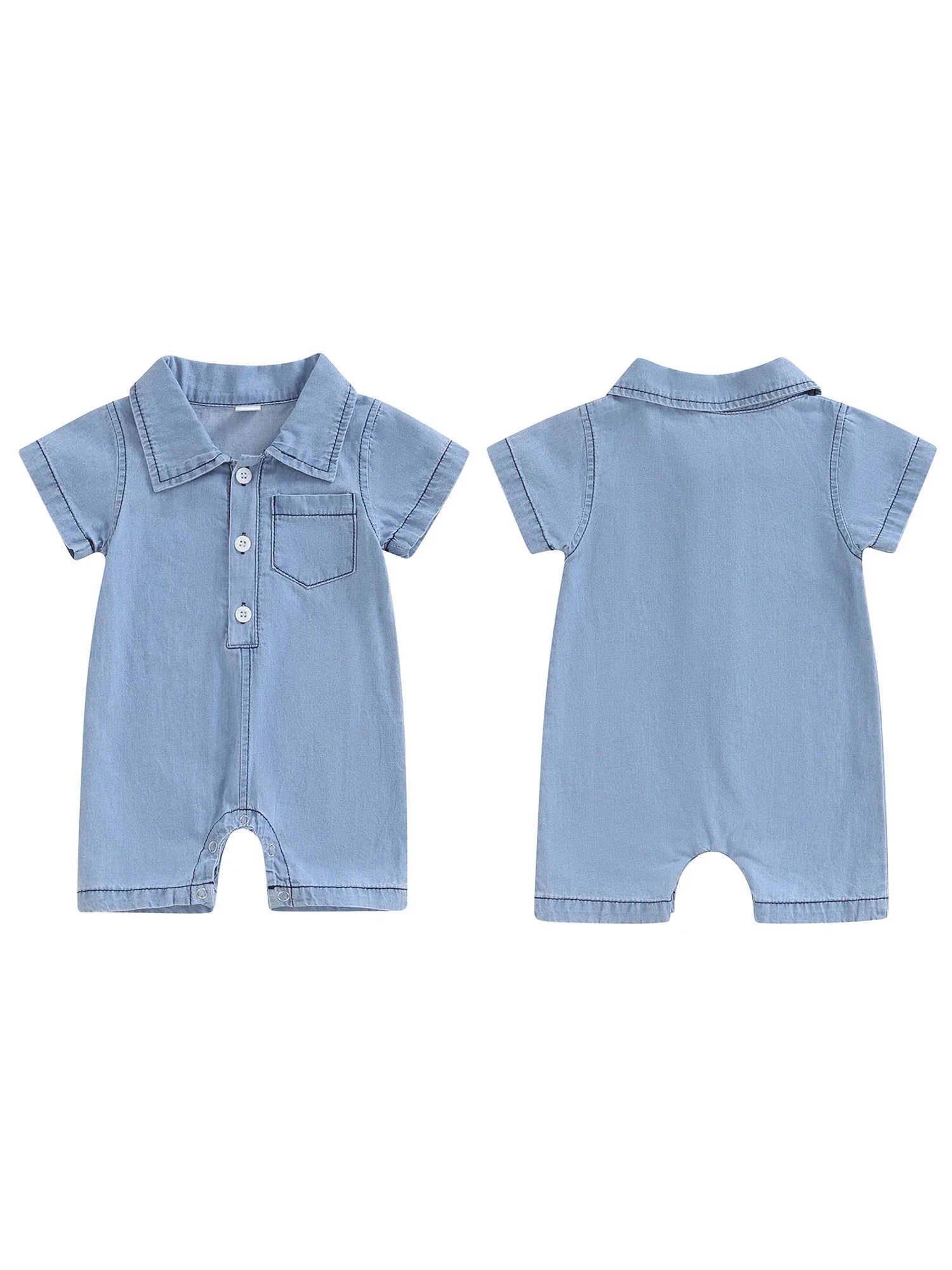 Baby Boys Summer Denim Romper Short Sleeve Lapel Button Down Jumpsuit with One Pocket