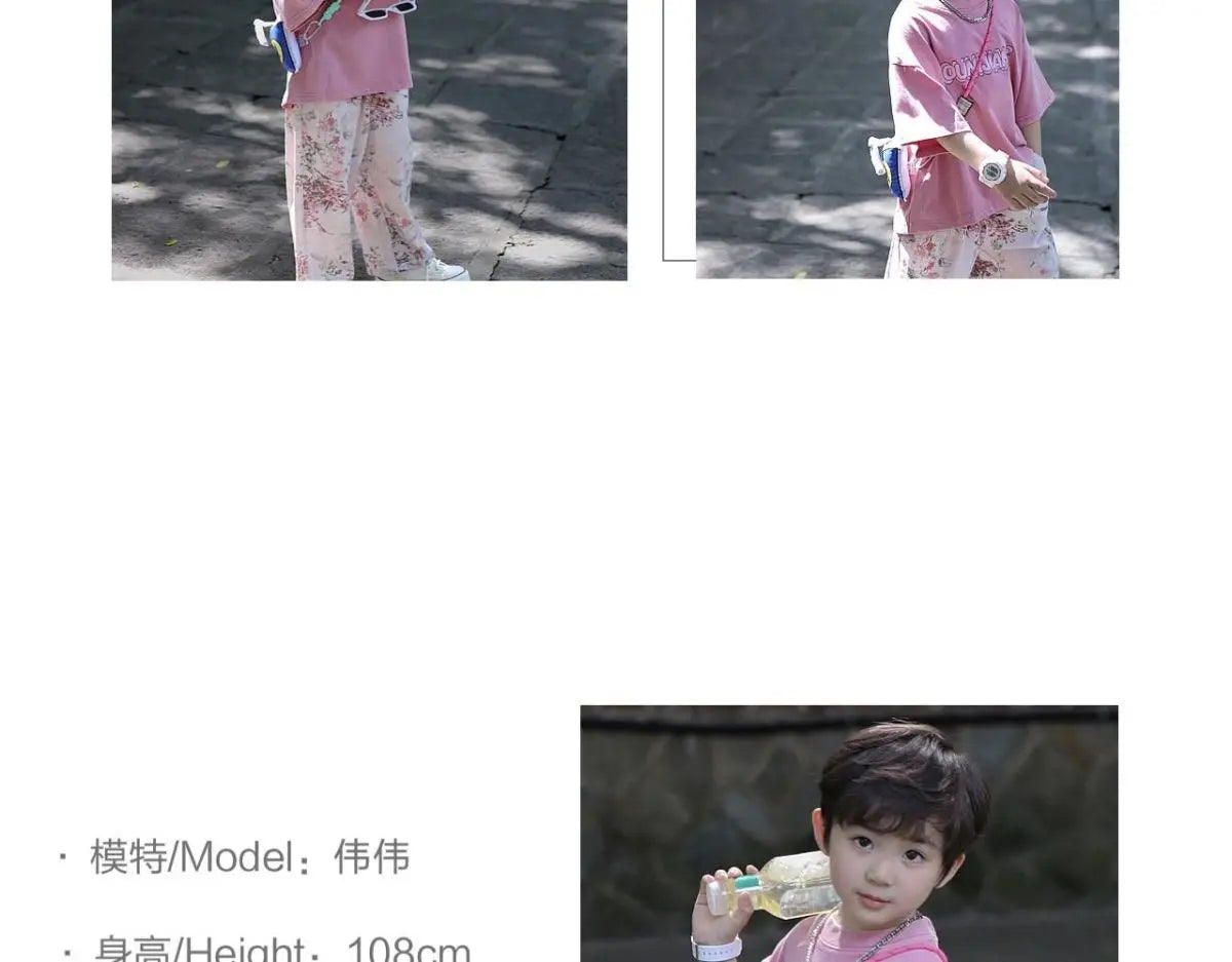 Boys Set Summer Outfit 2025 New Cute Pink T-shirt+ Floral Long Pants Children's Short Sleeved Handsome Pants Two-piece Set