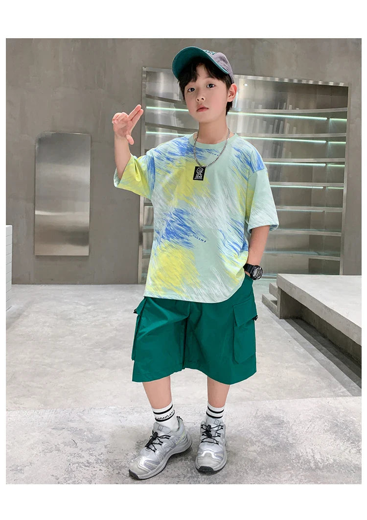 Summer  Boys Shorts Short Sleeve Shorts Handsome High Quality Leisure Sports Simple Two-piece Set.4-16year
