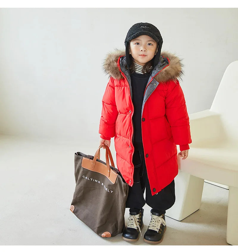 Winter Girls Down Jacket Keep Warm Fur Collar Fashion Little Princess Coat Hooded Boys Long Parkas Outerwear Children Clothing