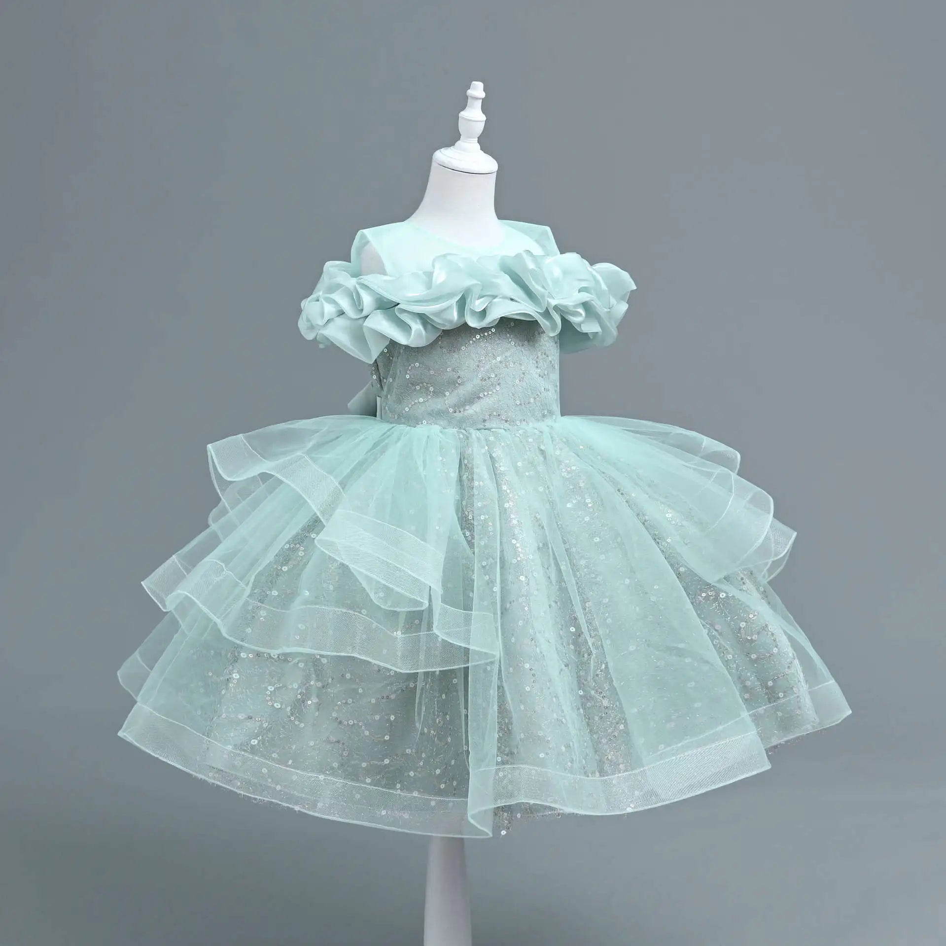 New Girl's Wedding Evening Dress Petal Sequin Mesh Sleeveless Dress Birthday Party School Graduation Party Dress