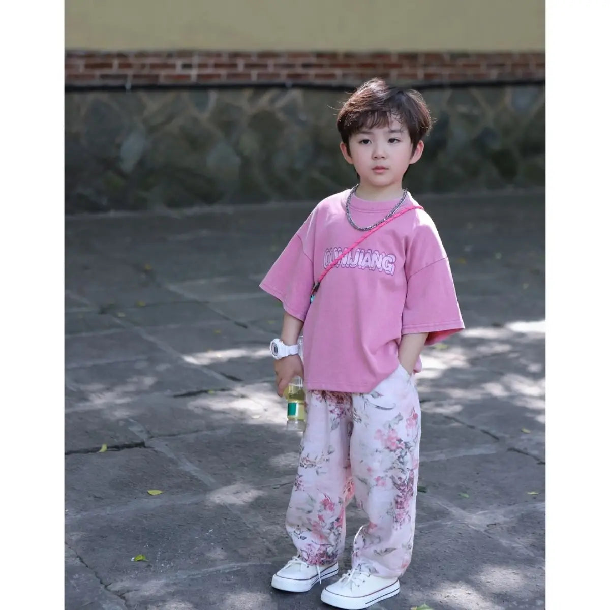 Boys Set Summer Outfit 2025 New Cute Pink T-shirt+ Floral Long Pants Children's Short Sleeved Handsome Pants Two-piece Set