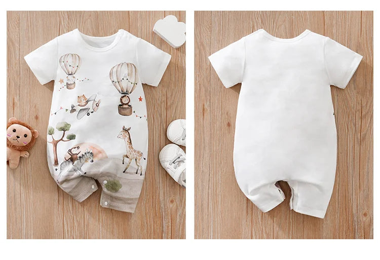 Summer Boys And Girls Cute Cartoon Animal Print Comfortable Casual Short Sleeve Baby Bodysuit
