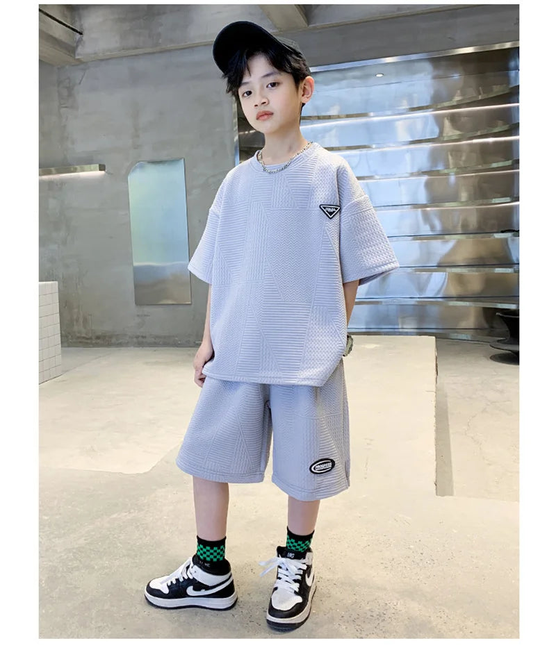 Fashion Boys Summer Sets 2024 New Teenager Casual Outfits Children Trends Clothes Suits Kids Short Sleeves Tops+Baggy Pants 2Pcs