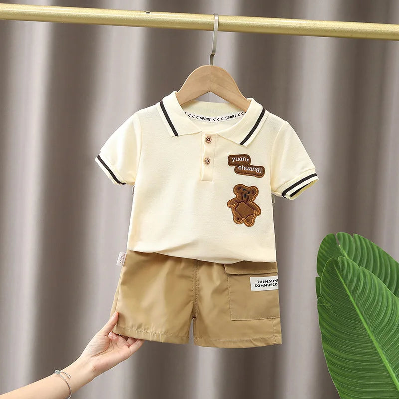 Boys Summer Clothing Children's Short Sleeved Set New Children's And Boys Baby Striped Polo Shirt Two-Piece Set