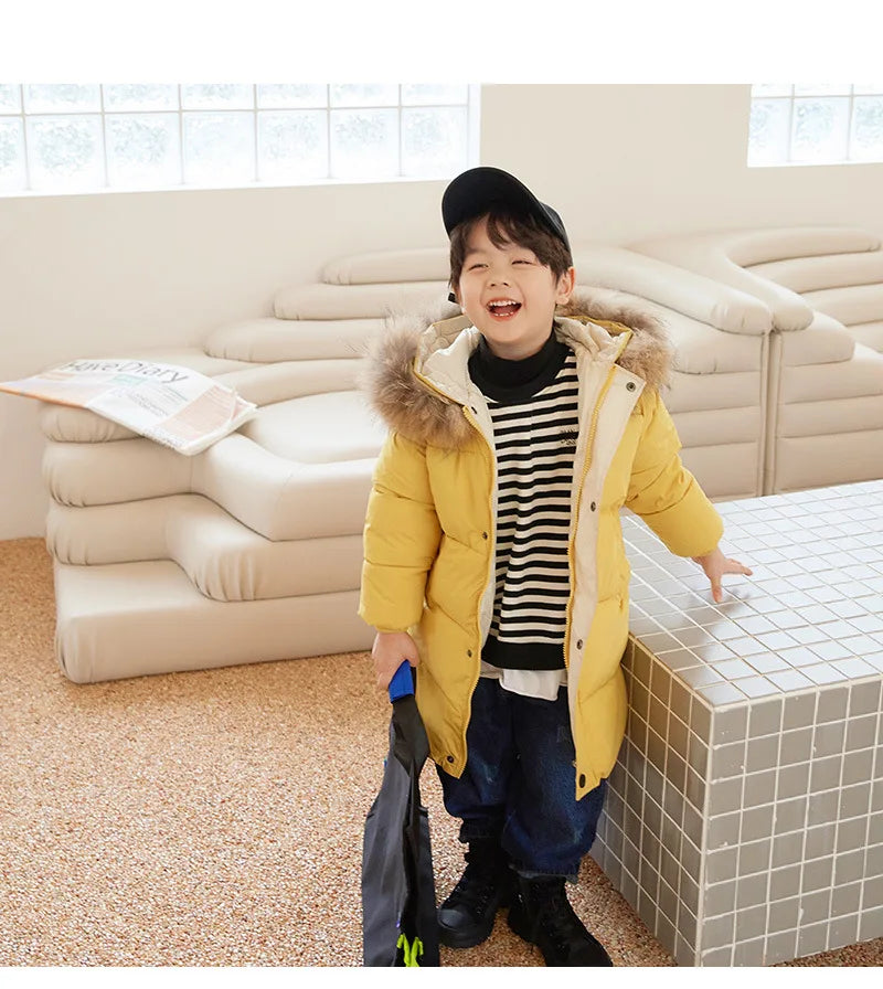 Winter Girls Down Jacket Keep Warm Fur Collar Fashion Little Princess Coat Hooded Boys Long Parkas Outerwear Children Clothing