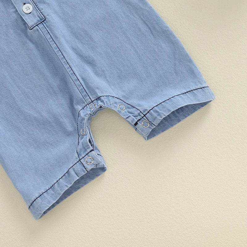 Baby Boys Summer Denim Romper Short Sleeve Lapel Button Down Jumpsuit with One Pocket