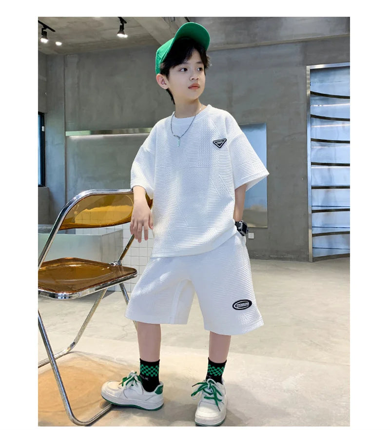 Fashion Boys Summer Sets 2024 New Teenager Casual Outfits Children Trends Clothes Suits Kids Short Sleeves Tops+Baggy Pants 2Pcs