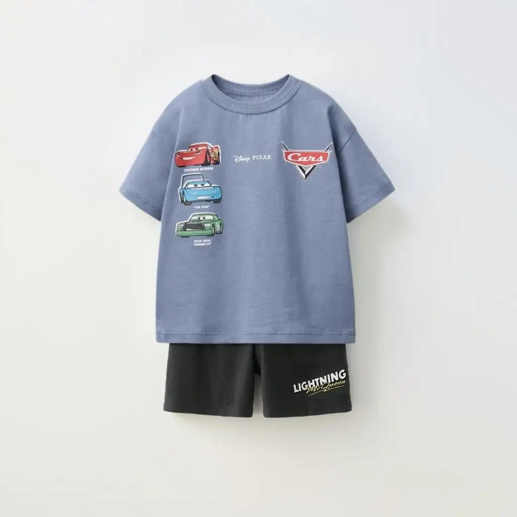 Summer Clothes Children Cartoon Car Print T-shirt+shorts Boys Child Round Neck Tees Loose Simple Shorts Trendy Costume Suit