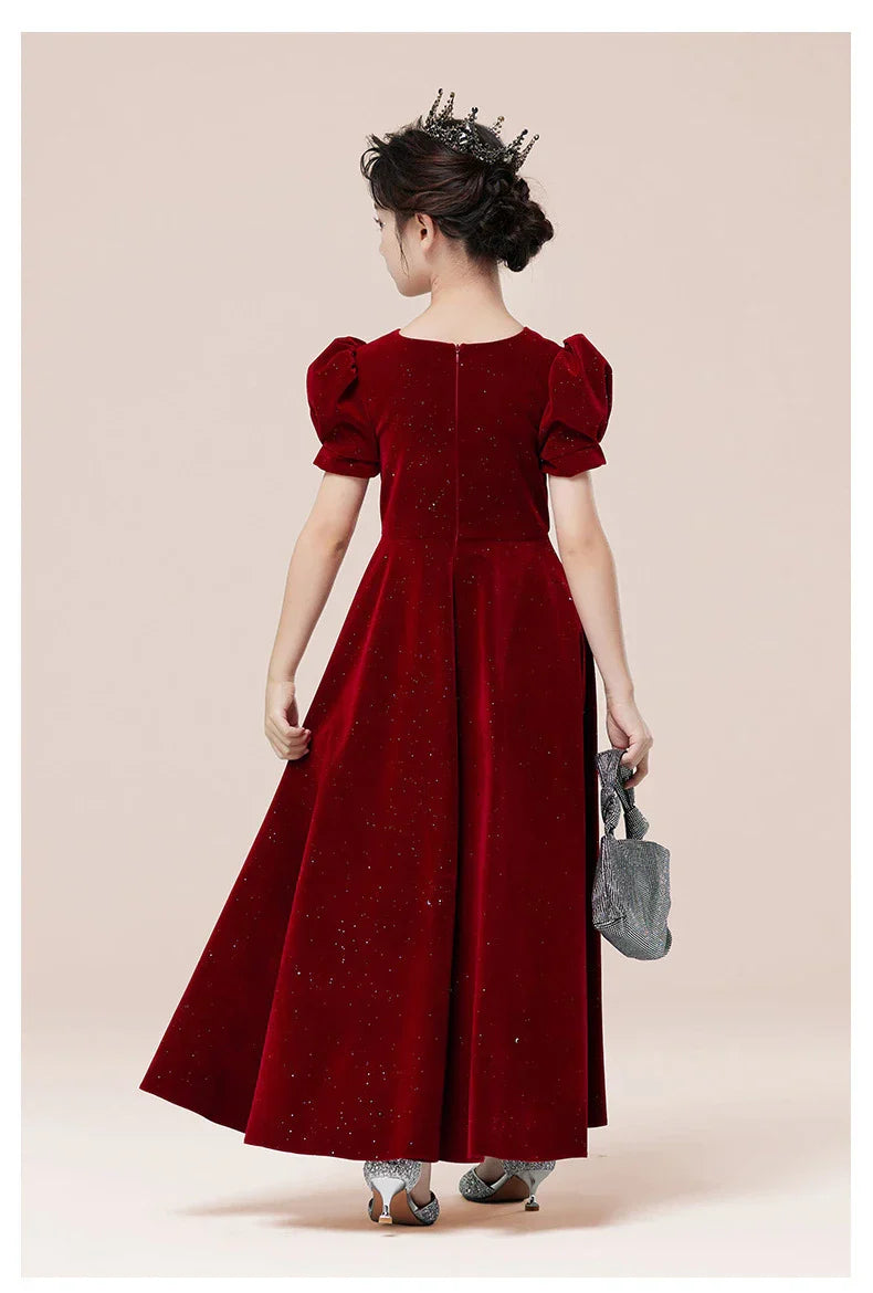 Kids Party Dress Clothing For Birthday Princess  Wine Red Piano Wedding Flower Girl 5-17 Years Old  Host Children's Formal Dress