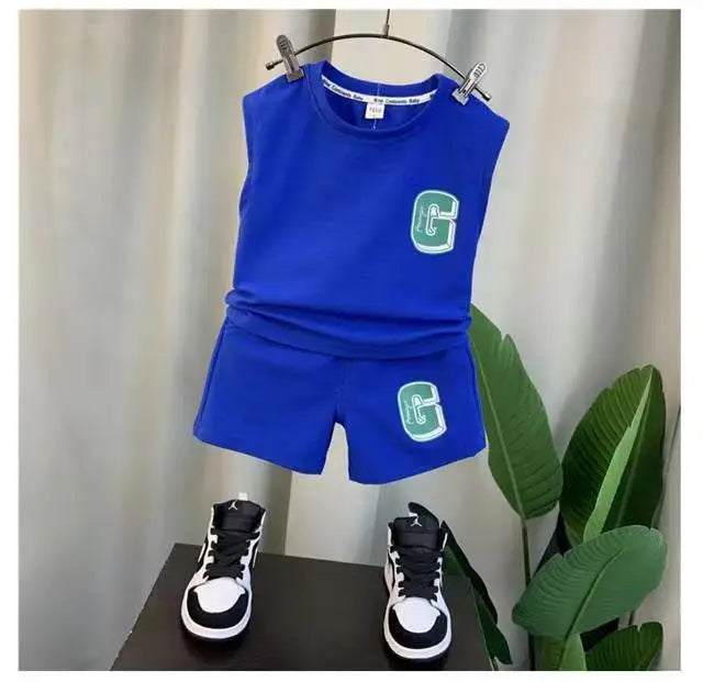 Kids Boys Summer Vest Set New Fashionable Baby Net Red Clothes Boys and Children's Fashion Two Piece Set Kids Outfits