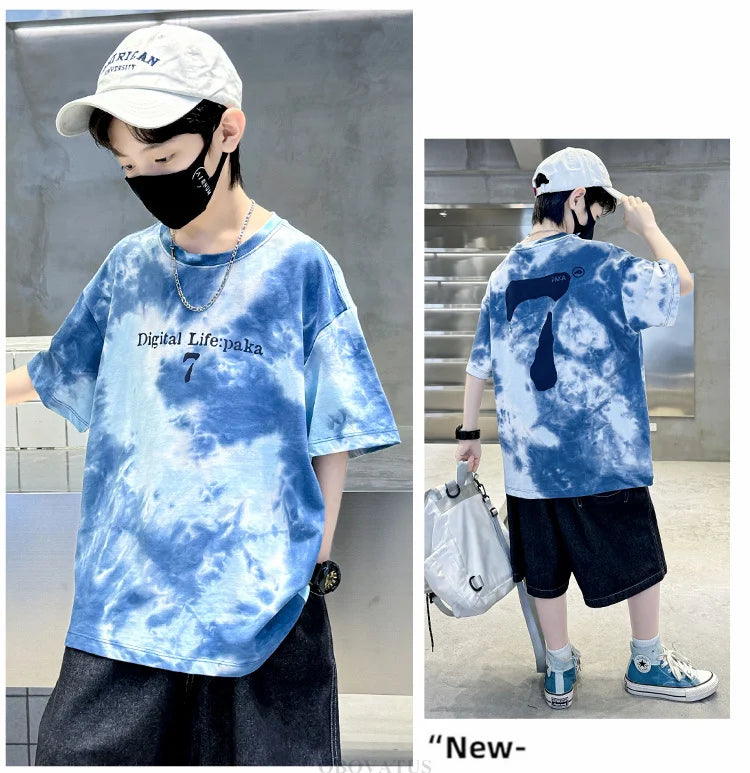 Summer Boys T Shirts Fashion Print Short Sleeve Tee Tops for Kids Cotton Tshirt Tie-Dye Casual Streetwear Teenager Outerwear